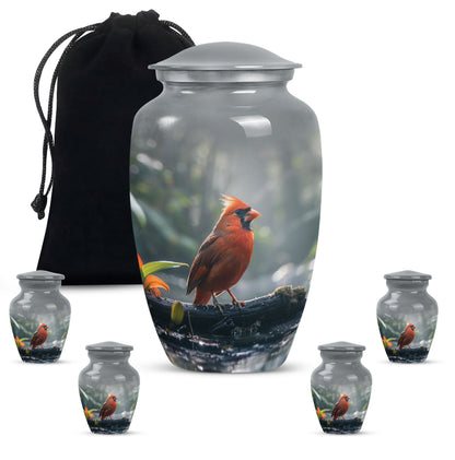 Classic Cardinal Bird Urn for ashes, sizable cremation urn.