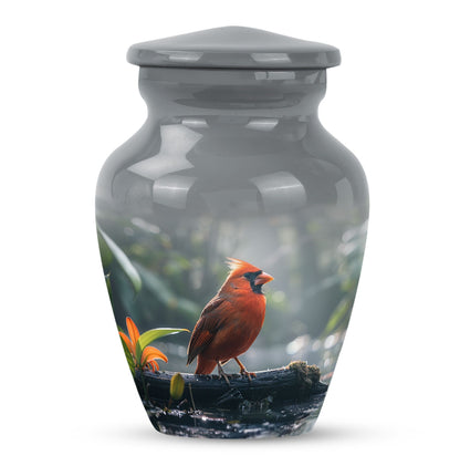 Classic Cardinal Bird Urn for ashes, sizable cremation urn.