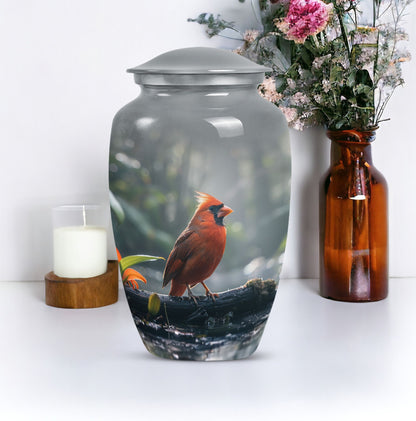 Classic Cardinal Bird Urn for ashes, sizable cremation urn.