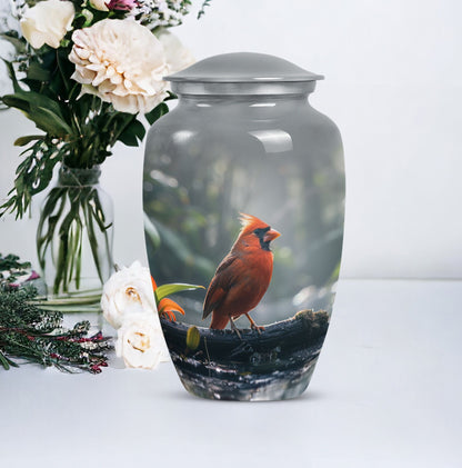 Classic Cardinal Bird Urn for ashes, sizable cremation urn.