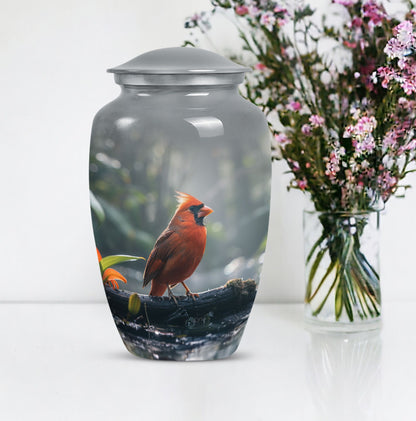 Classic Cardinal Bird Urn for ashes, sizable cremation urn.