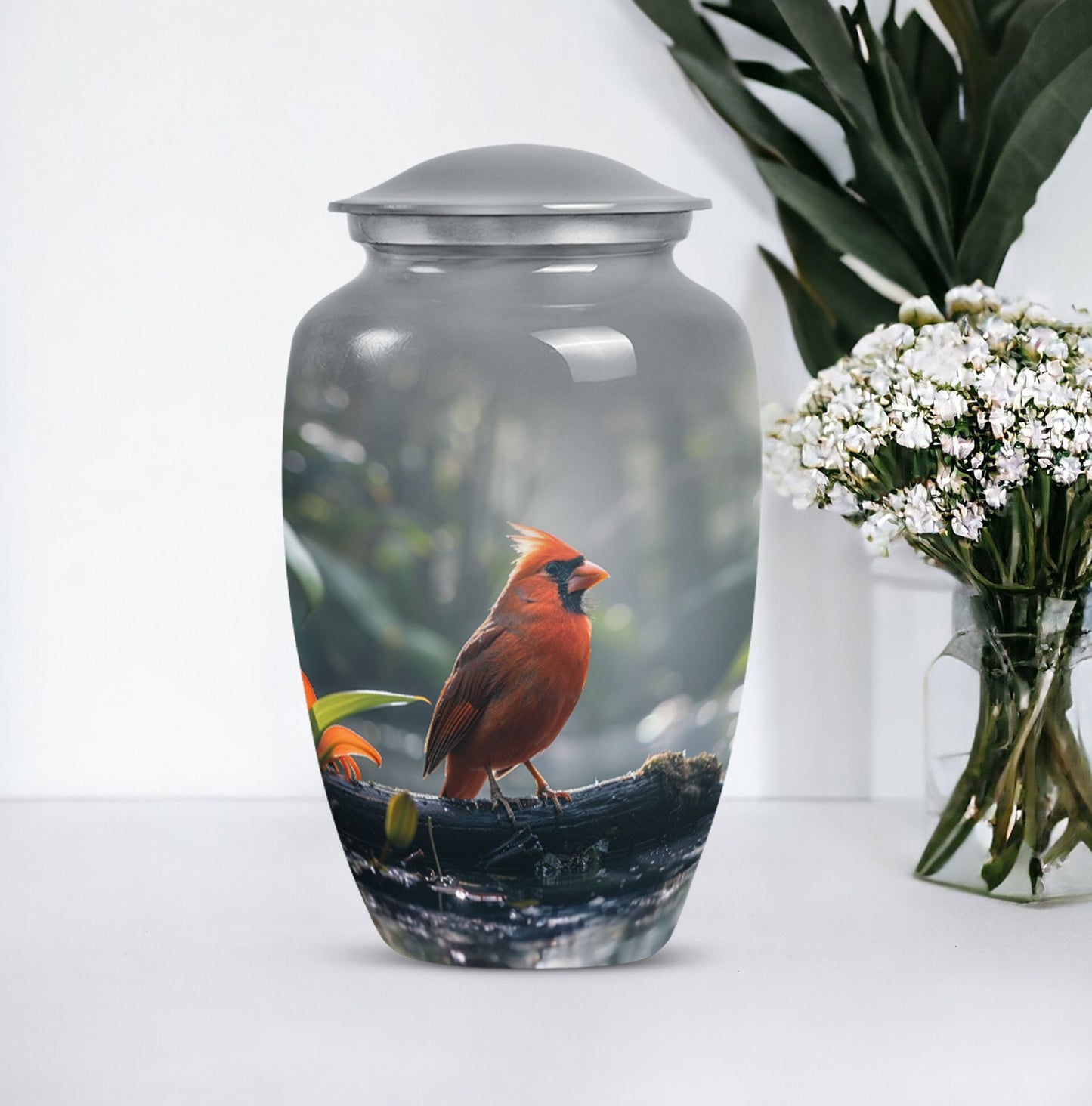 Classic Cardinal Bird Urn for ashes, sizable cremation urn.