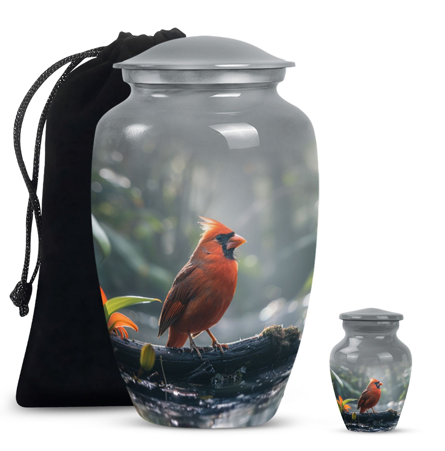 Classic Cardinal Bird Urn for ashes, sizable cremation urn.