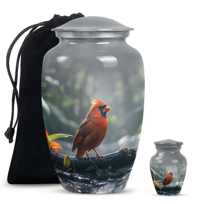 Classic Cardinal Bird Urn for ashes, sizable cremation urn.