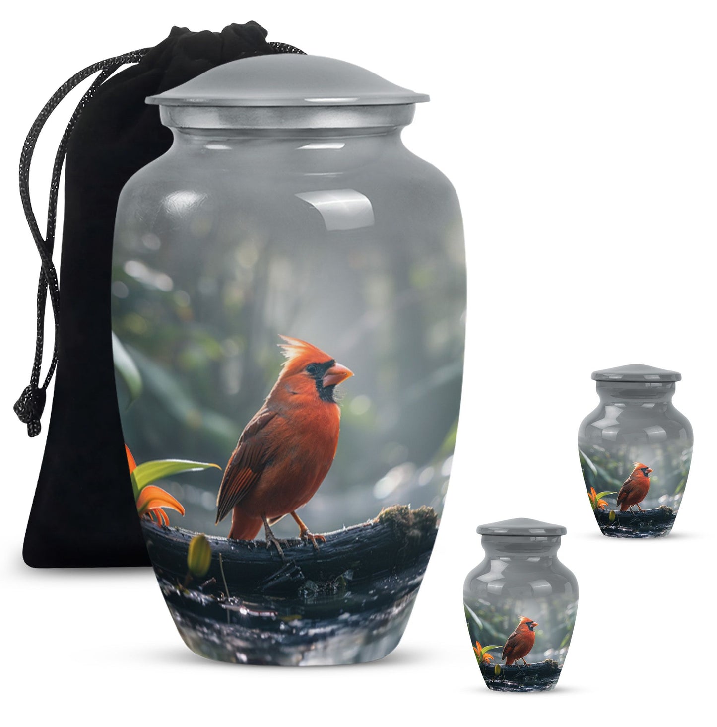 Classic Cardinal Bird Urn for ashes, sizable cremation urn.