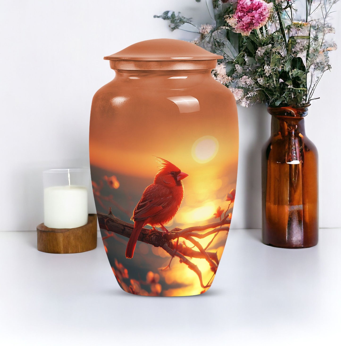 Classic 10 inch Cardinal Bird Urn in aluminium 