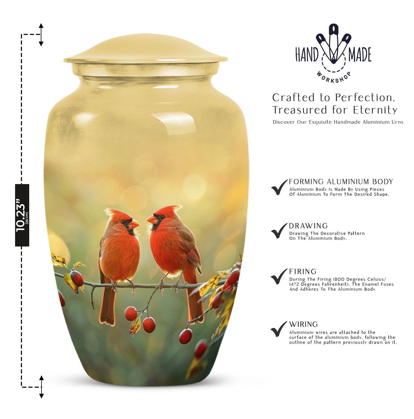 10-inch Cardinal Bird Urn, large urn for human ashes