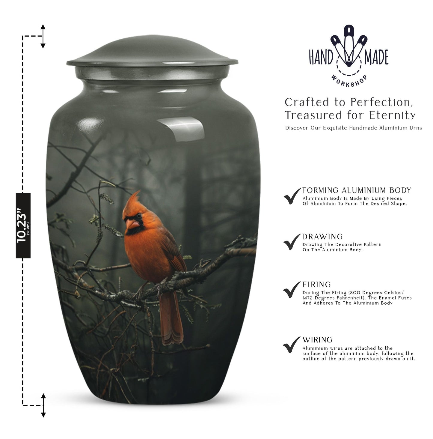 10-inch cardinal bird urn, aluminum material, with