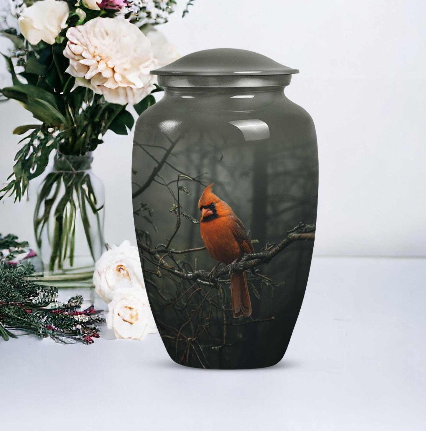 10-inch cardinal bird urn, aluminum material, with