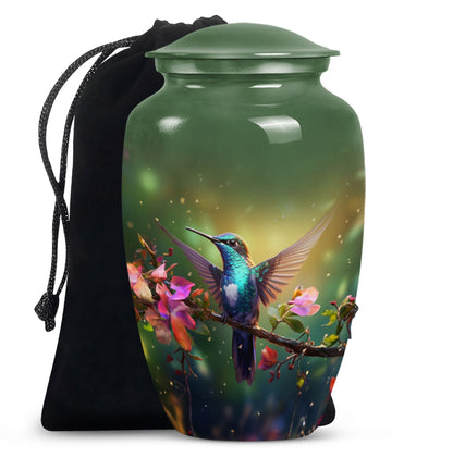classic aluminium humming bird urn for dad with velvet pouch