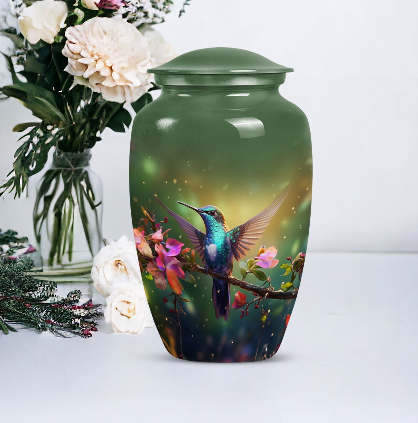 classic aluminium humming bird urn for dad with velvet pouch