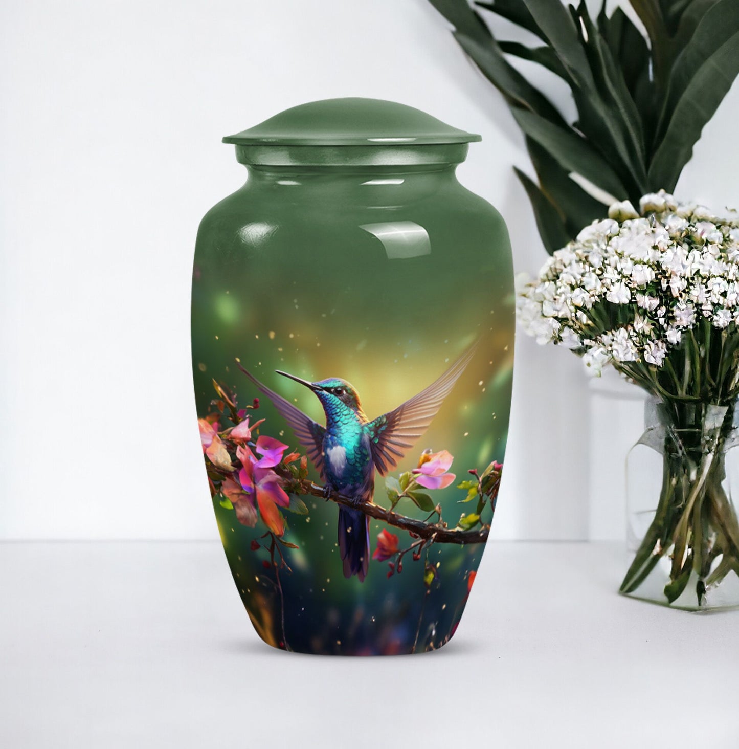 classic aluminium humming bird urn for dad with velvet pouch
