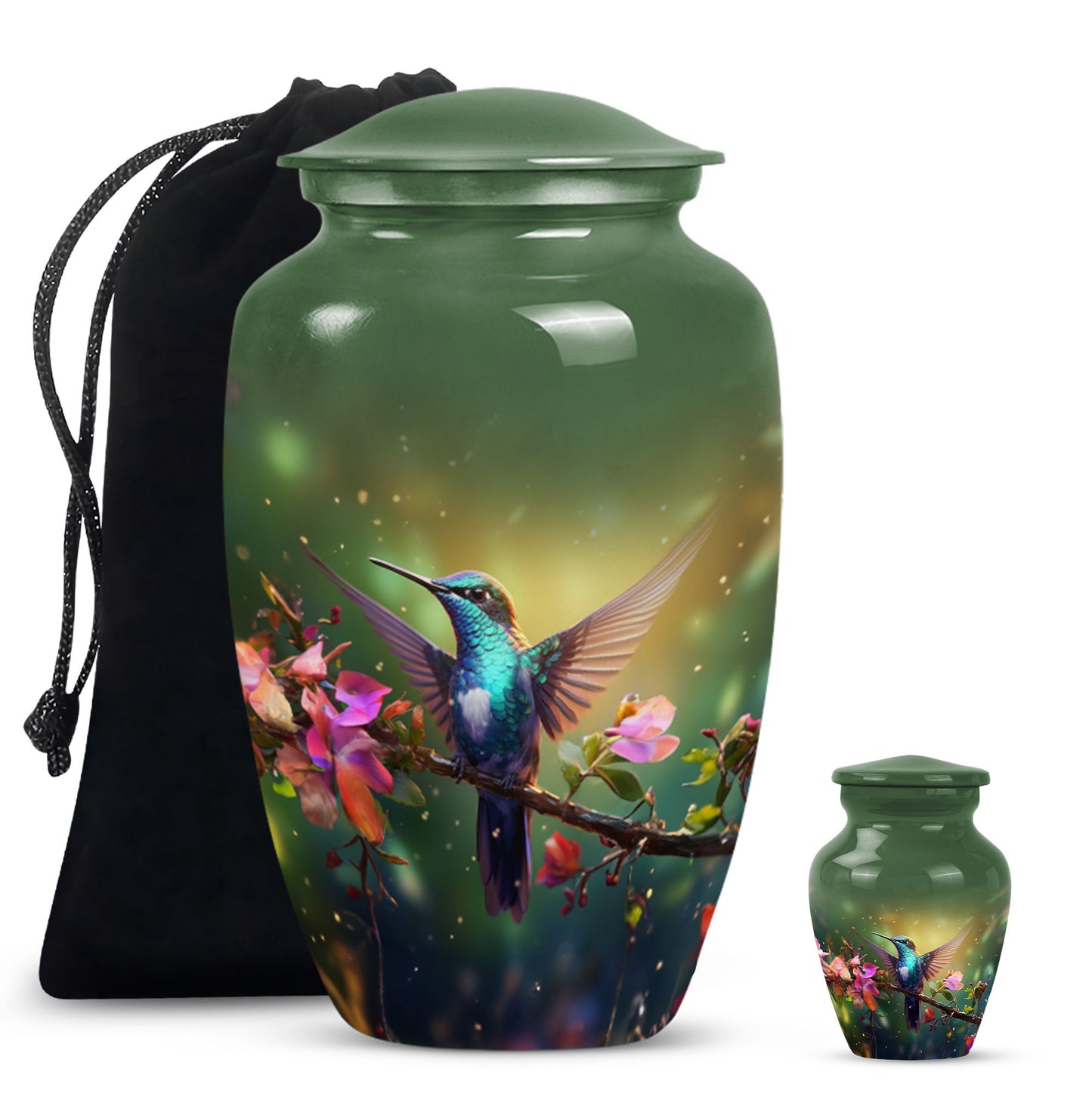 classic aluminium humming bird urn for dad with velvet pouch