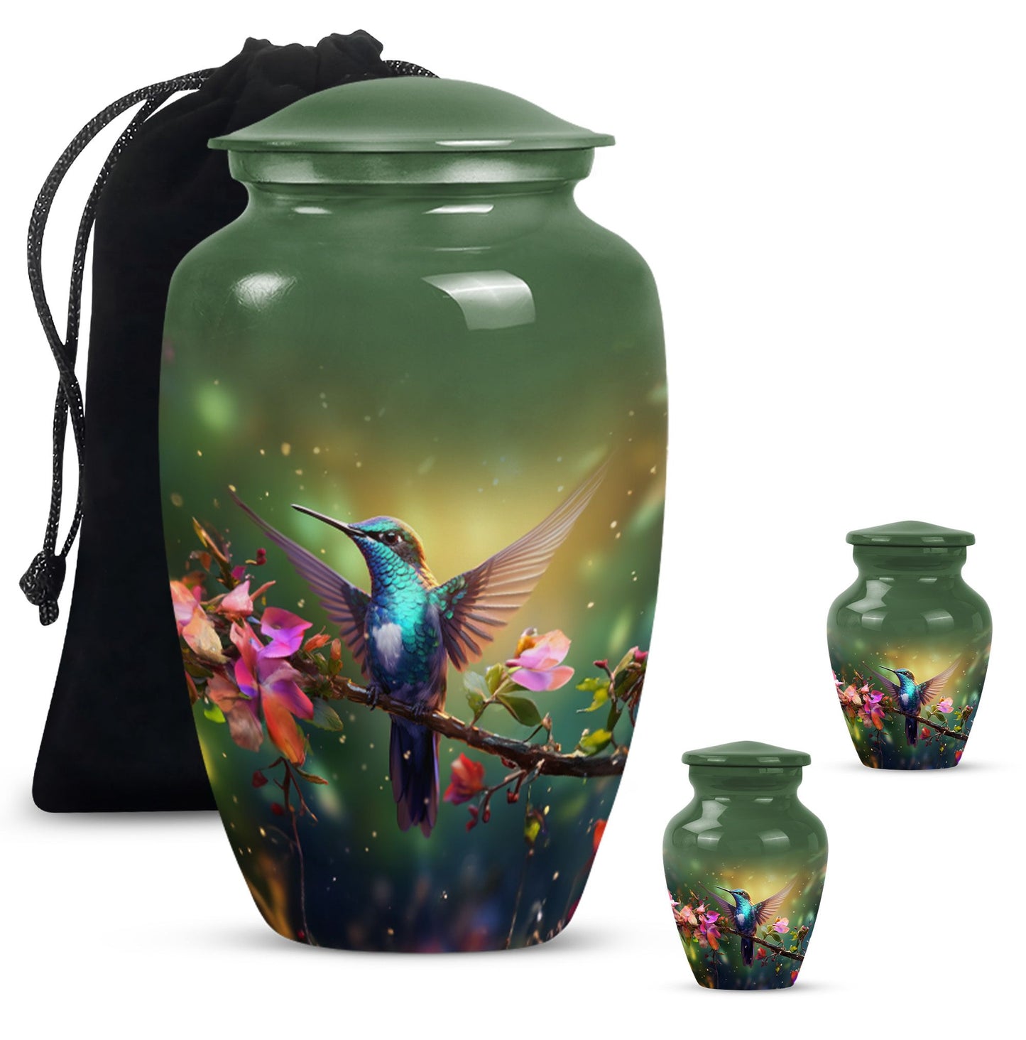 classic aluminium humming bird urn for dad with velvet pouch