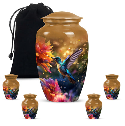 Aluminium Memorial urn adorned with humming birds design, suitable for adult human ashes