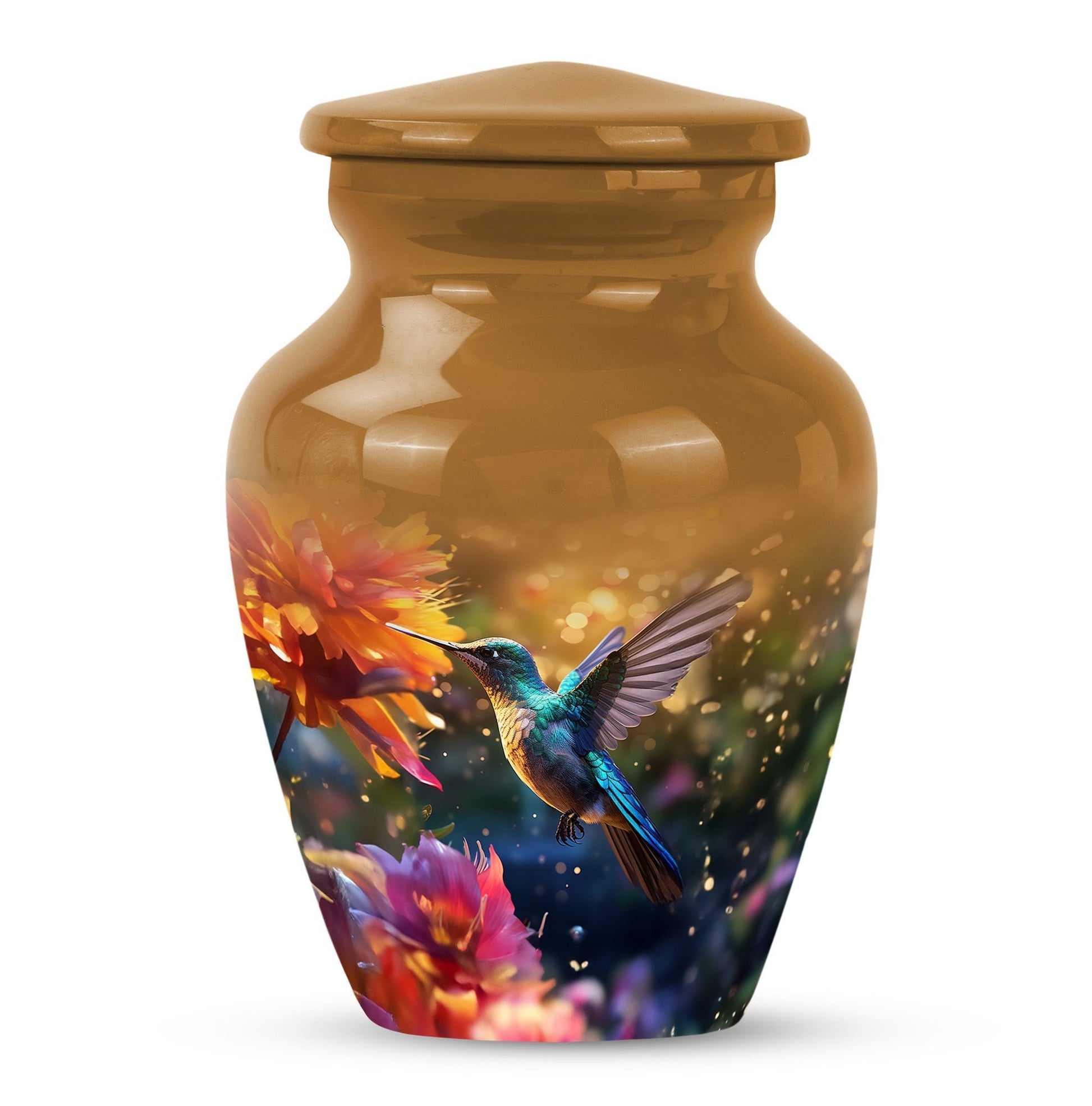 Aluminium Memorial urn adorned with humming birds design, suitable for adult human ashes