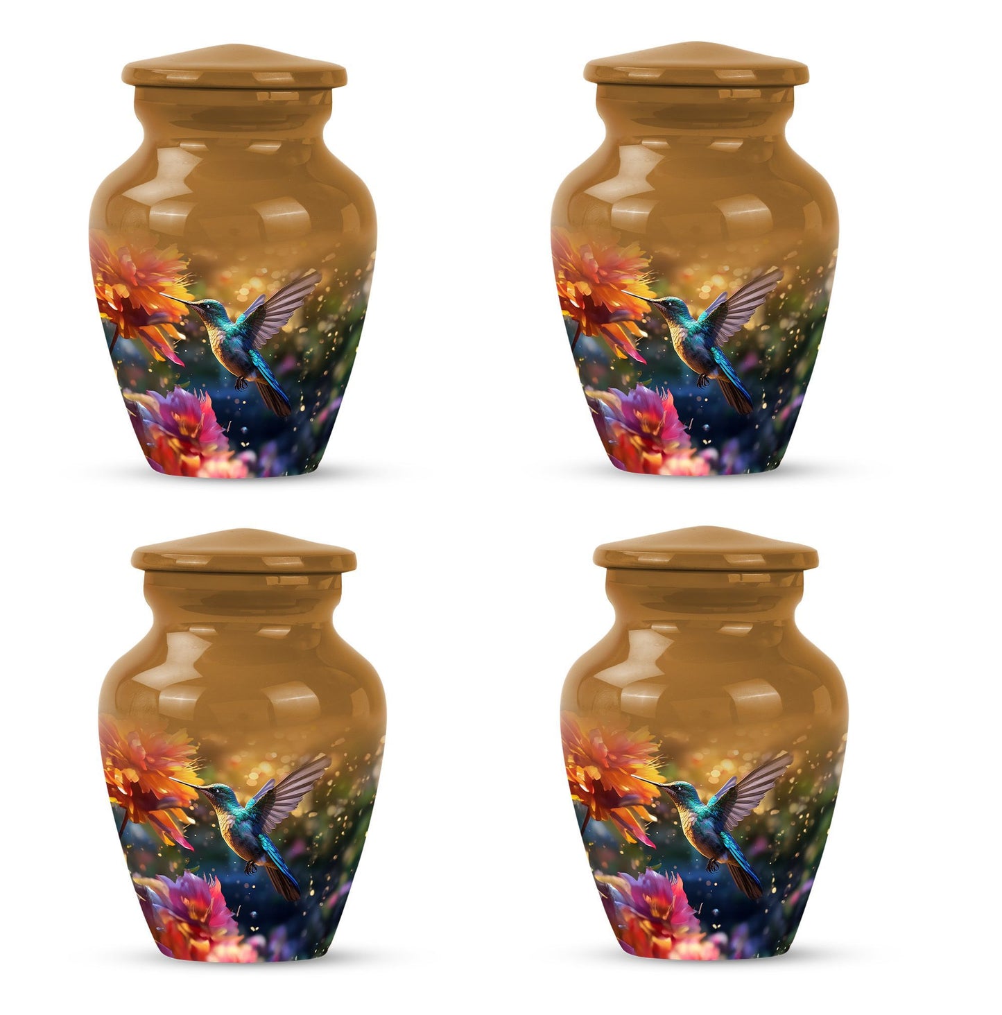 Aluminium Memorial urn adorned with humming birds design, suitable for adult human ashes