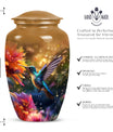 Aluminium Memorial urn adorned with humming birds design, suitable for adult human ashes