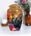 Aluminium Memorial urn adorned with humming birds design, suitable for adult human ashes