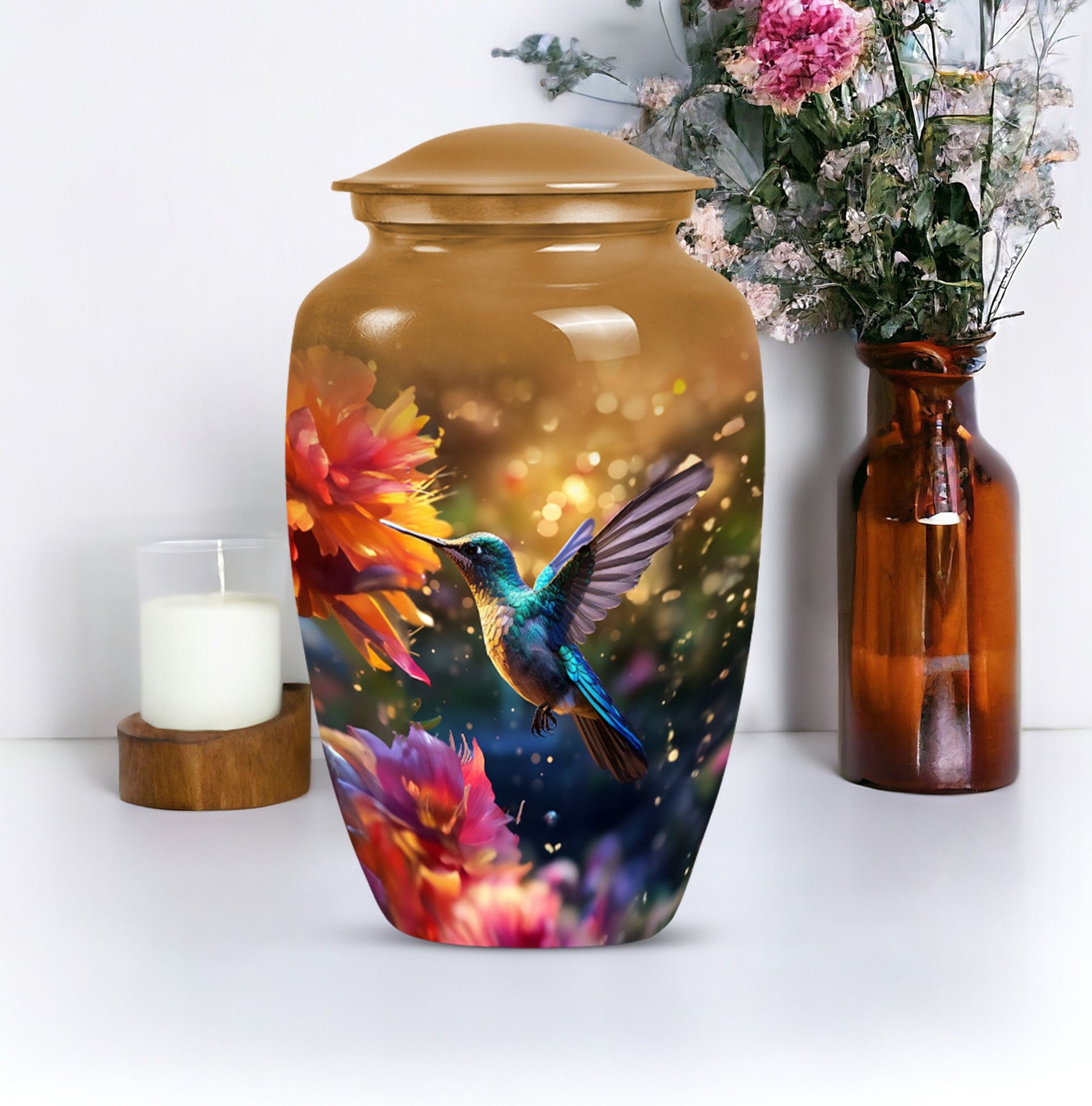 Aluminium Memorial urn adorned with humming birds design, suitable for adult human ashes