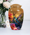 Aluminium Memorial urn adorned with humming birds design, suitable for adult human ashes