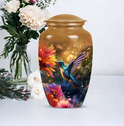 Aluminium Memorial urn adorned with humming birds design, suitable for adult human ashes