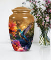 Aluminium Memorial urn adorned with humming birds design, suitable for adult human ashes