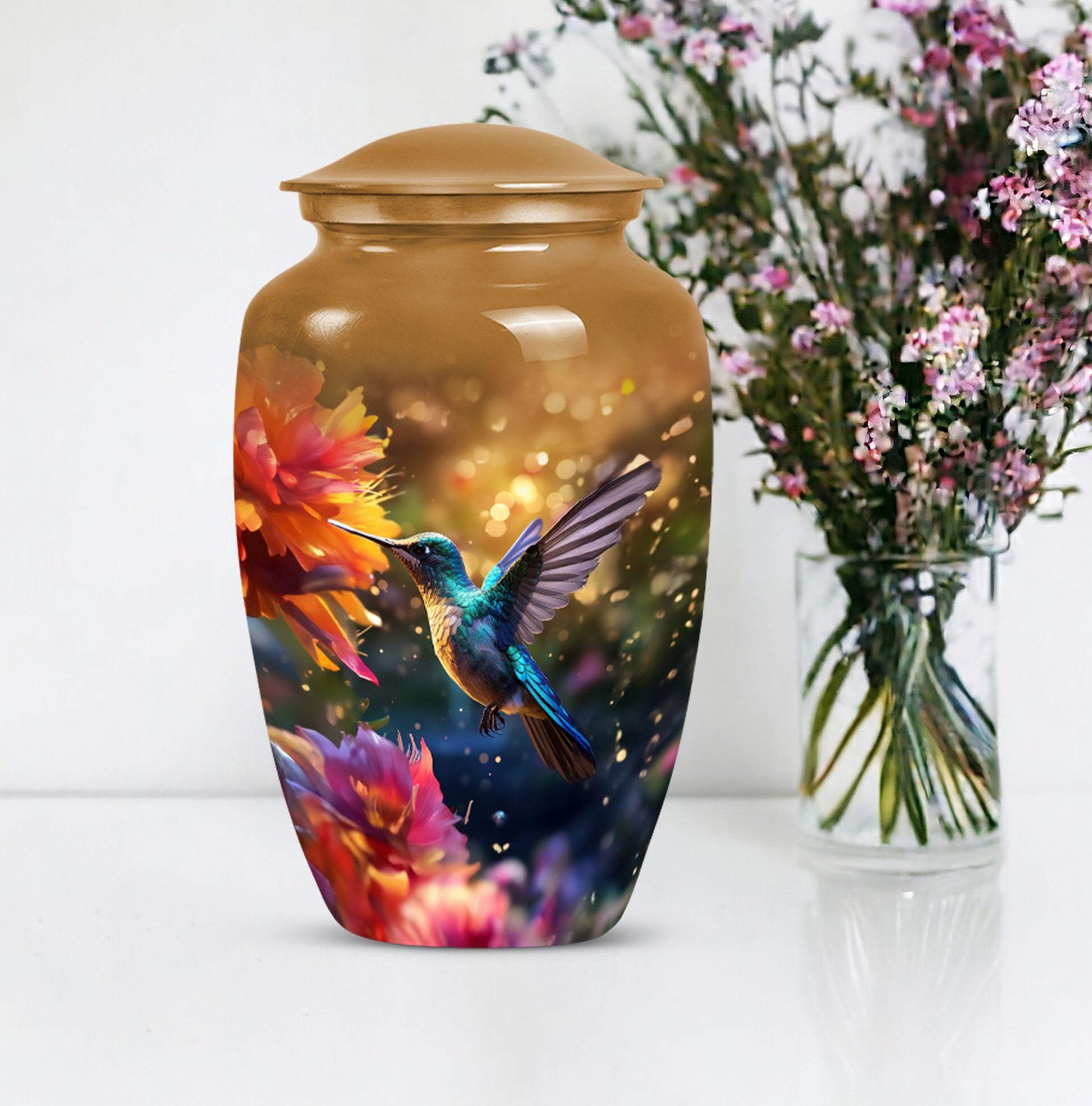 Aluminium Memorial urn adorned with humming birds design, suitable for adult human ashes