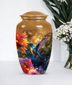 Aluminium Memorial urn adorned with humming birds design, suitable for adult human ashes