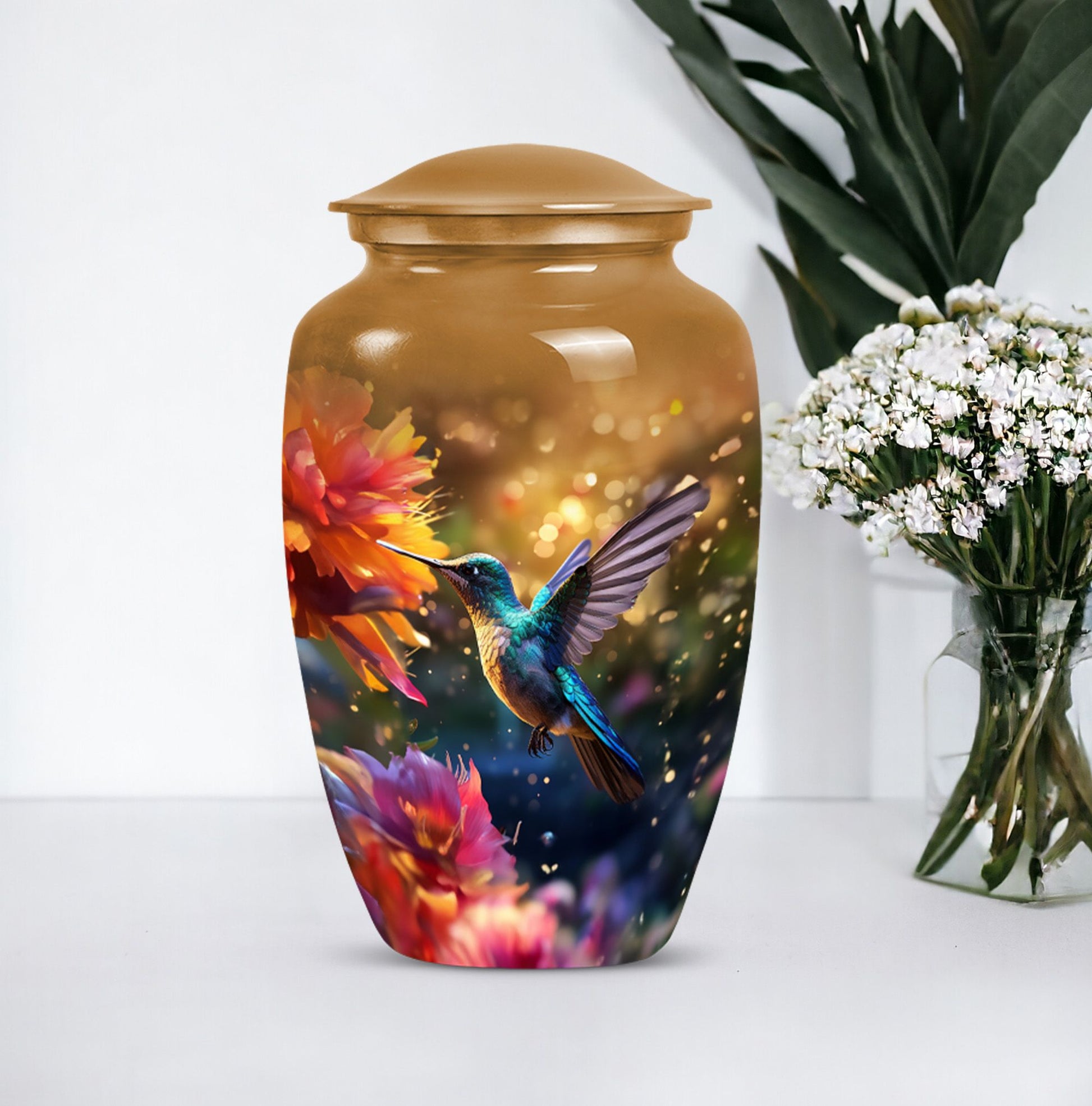 Aluminium Memorial urn adorned with humming birds design, suitable for adult human ashes