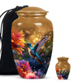 Aluminium Memorial urn adorned with humming birds design, suitable for adult human ashes