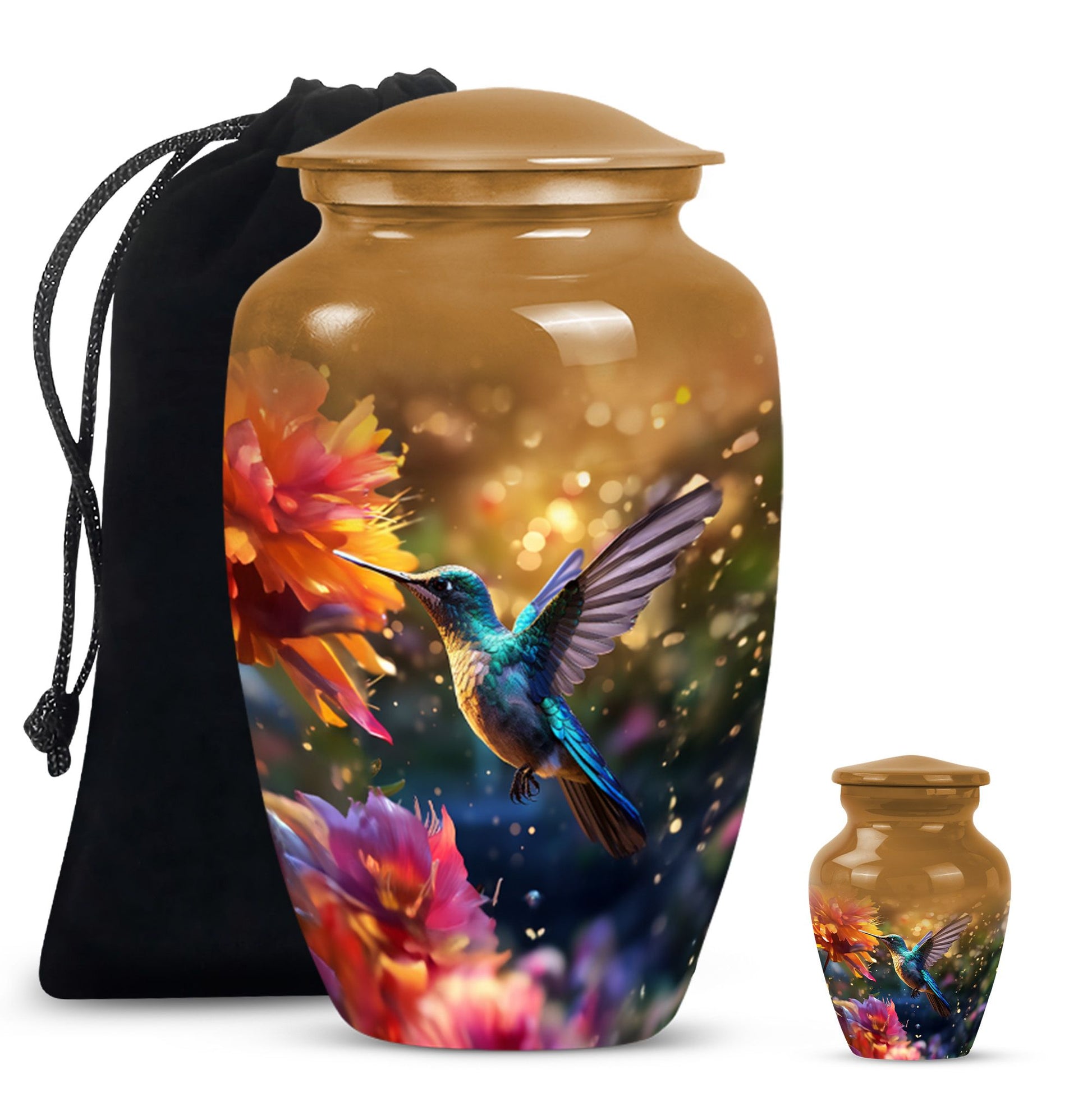 Aluminium Memorial urn adorned with humming birds design, suitable for adult human ashes