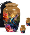 Aluminium Memorial urn adorned with humming birds design, suitable for adult human ashes