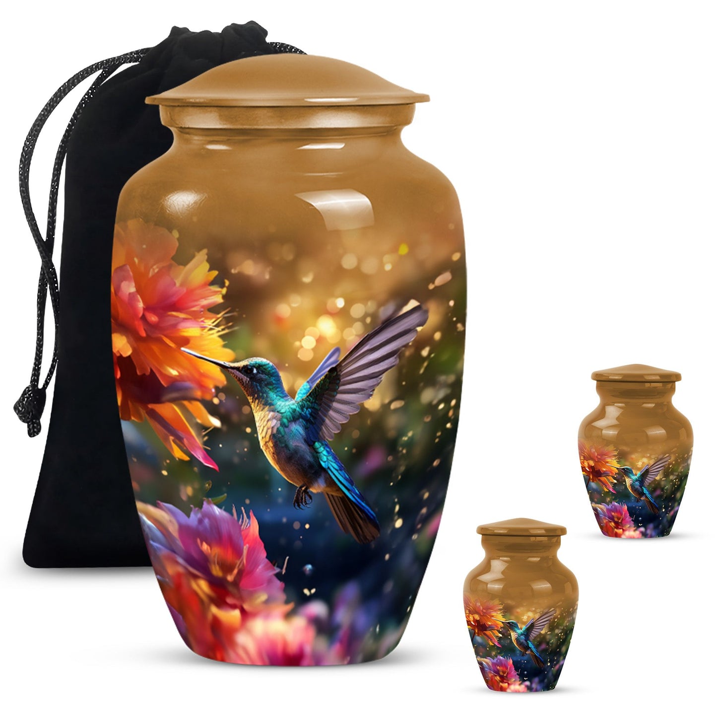 Aluminium Memorial urn adorned with humming birds design, suitable for adult human ashes