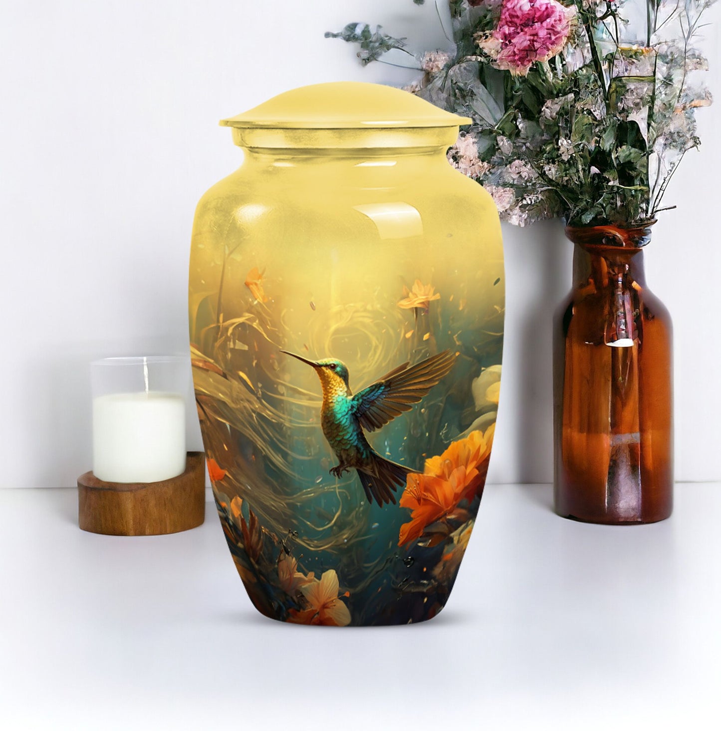 Cremation urn with humming birds