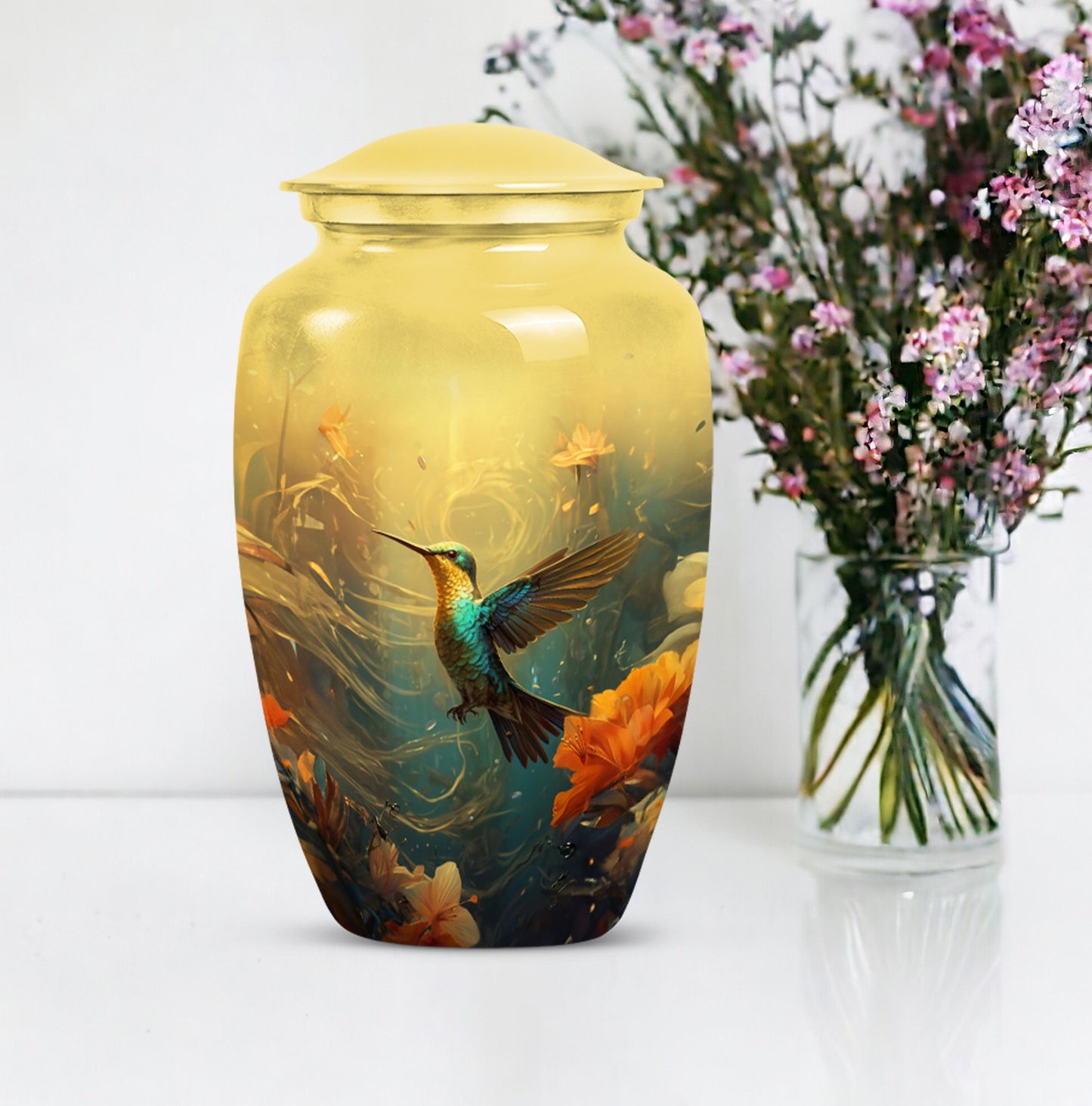 Cremation urn with humming birds