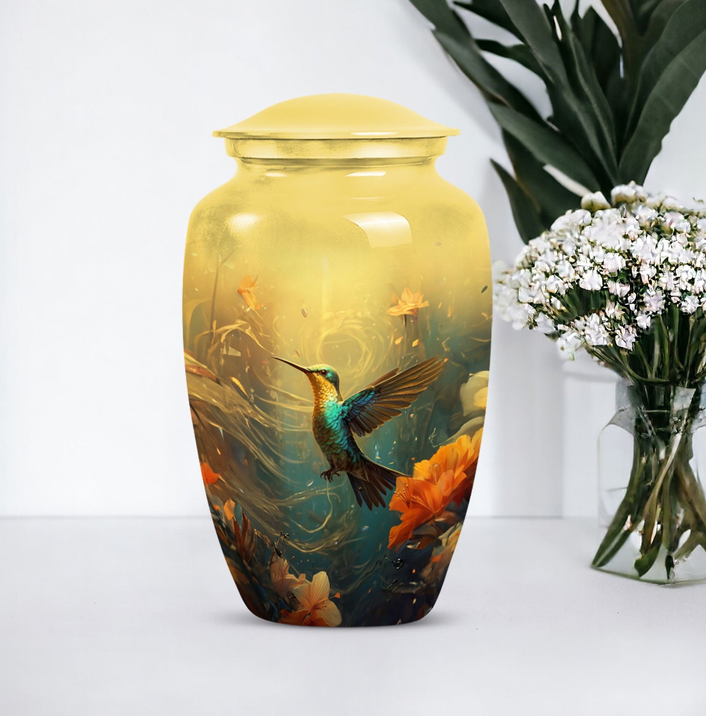 Cremation urn with humming birds