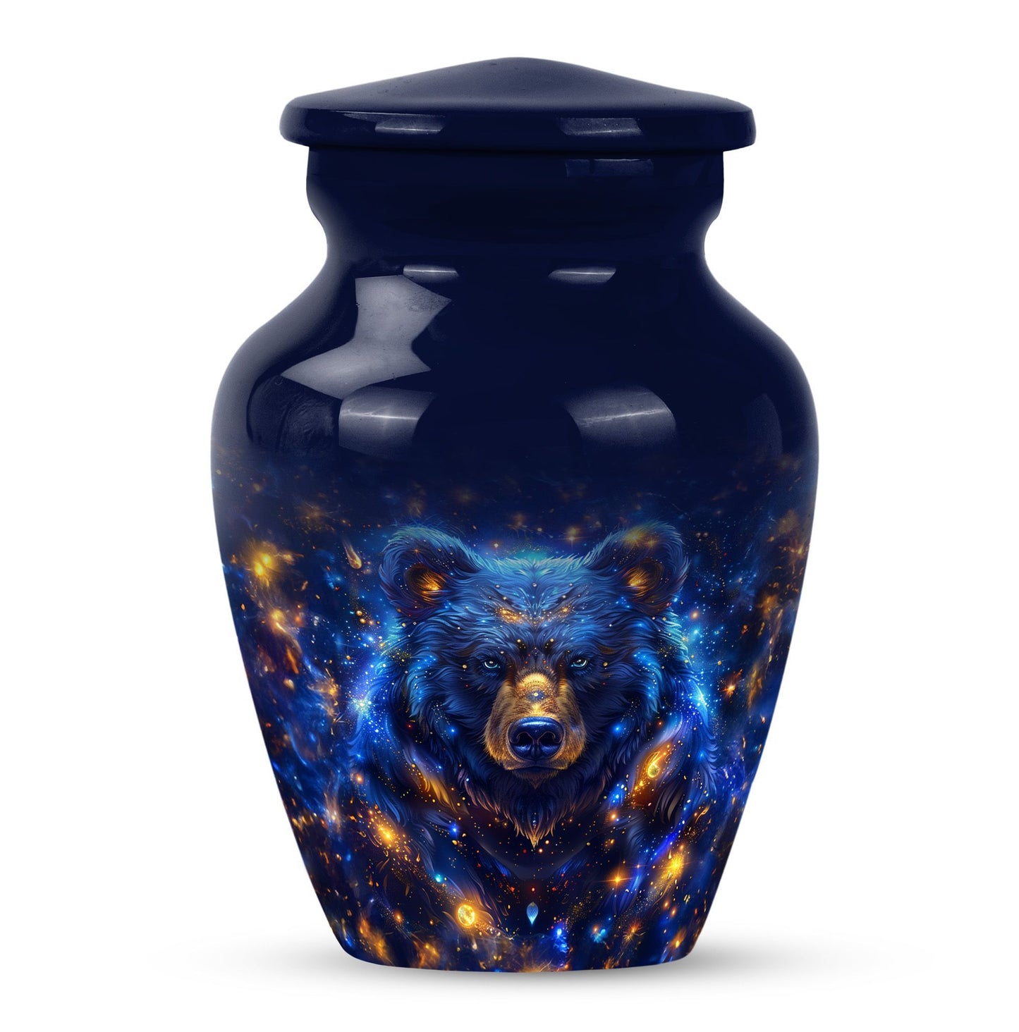 Abstract themed, 10-inch aluminum bear urn.
