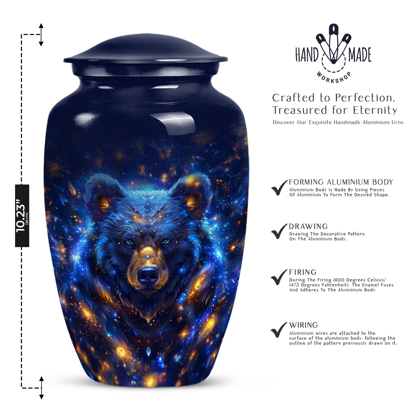 Abstract themed, 10-inch aluminum bear urn.