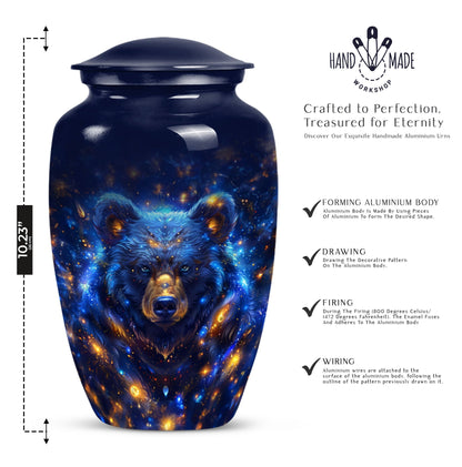Abstract themed, 10-inch aluminum bear urn.
