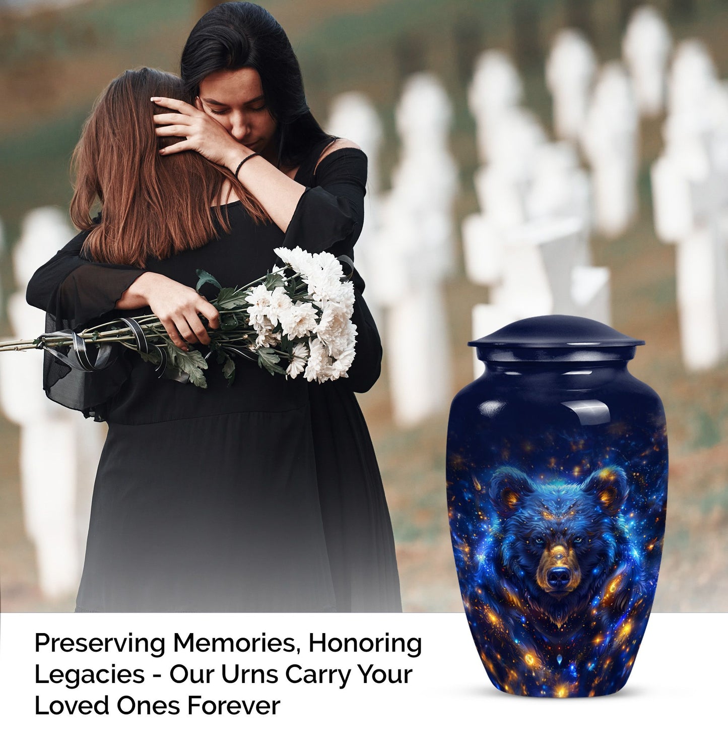 Abstract themed, 10-inch aluminum bear urn.
