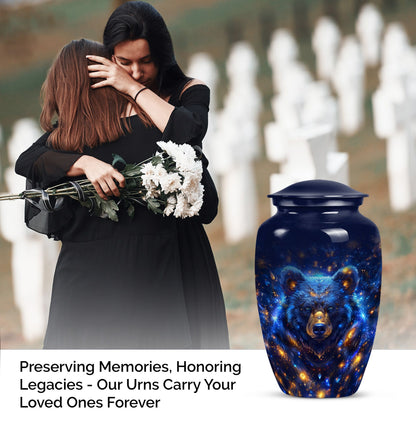 Abstract themed, 10-inch aluminum bear urn.
