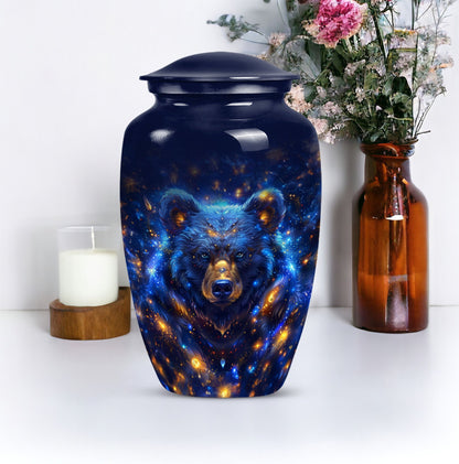 Abstract themed, 10-inch aluminum bear urn.