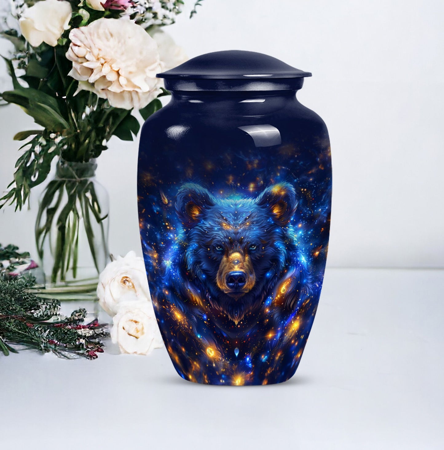 Abstract themed, 10-inch aluminum bear urn.