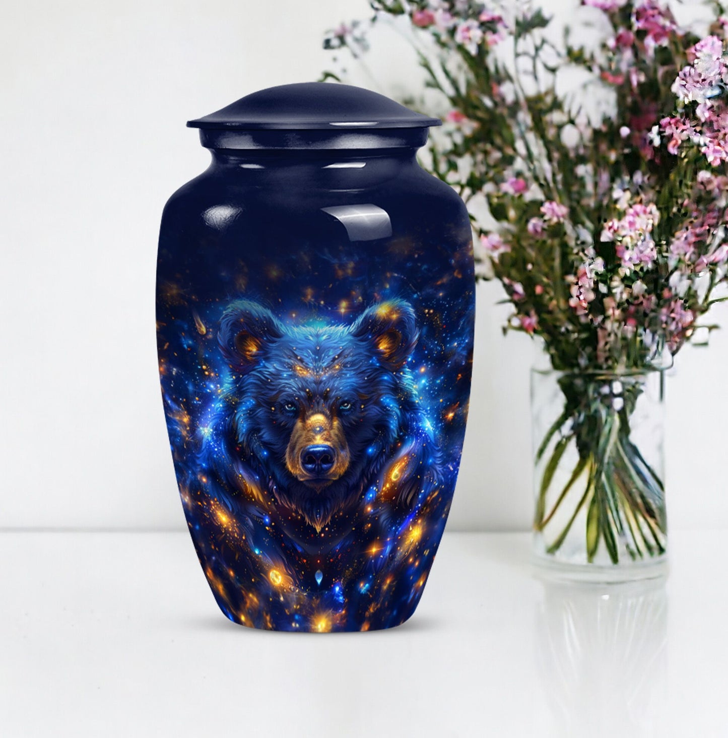 Abstract themed, 10-inch aluminum bear urn.