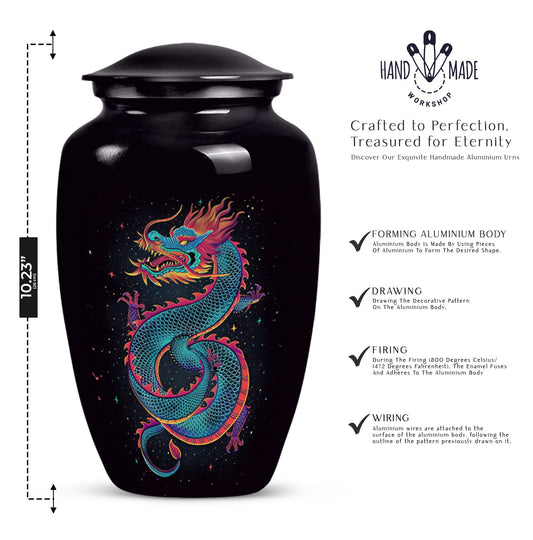 Dragon urn, a classic, large aluminium funeral urn.
