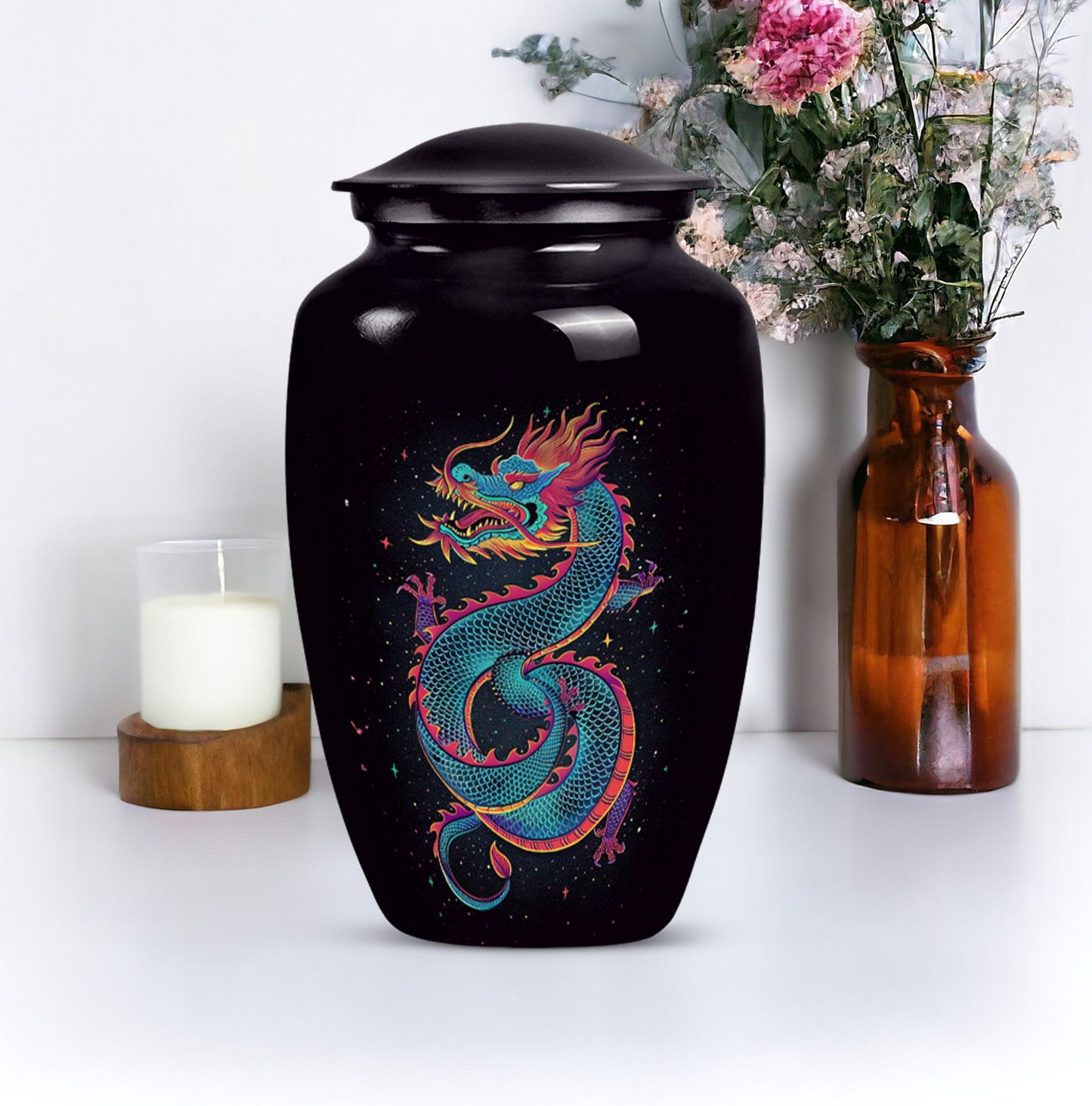 Dragon urn, a classic, large aluminium funeral urn.