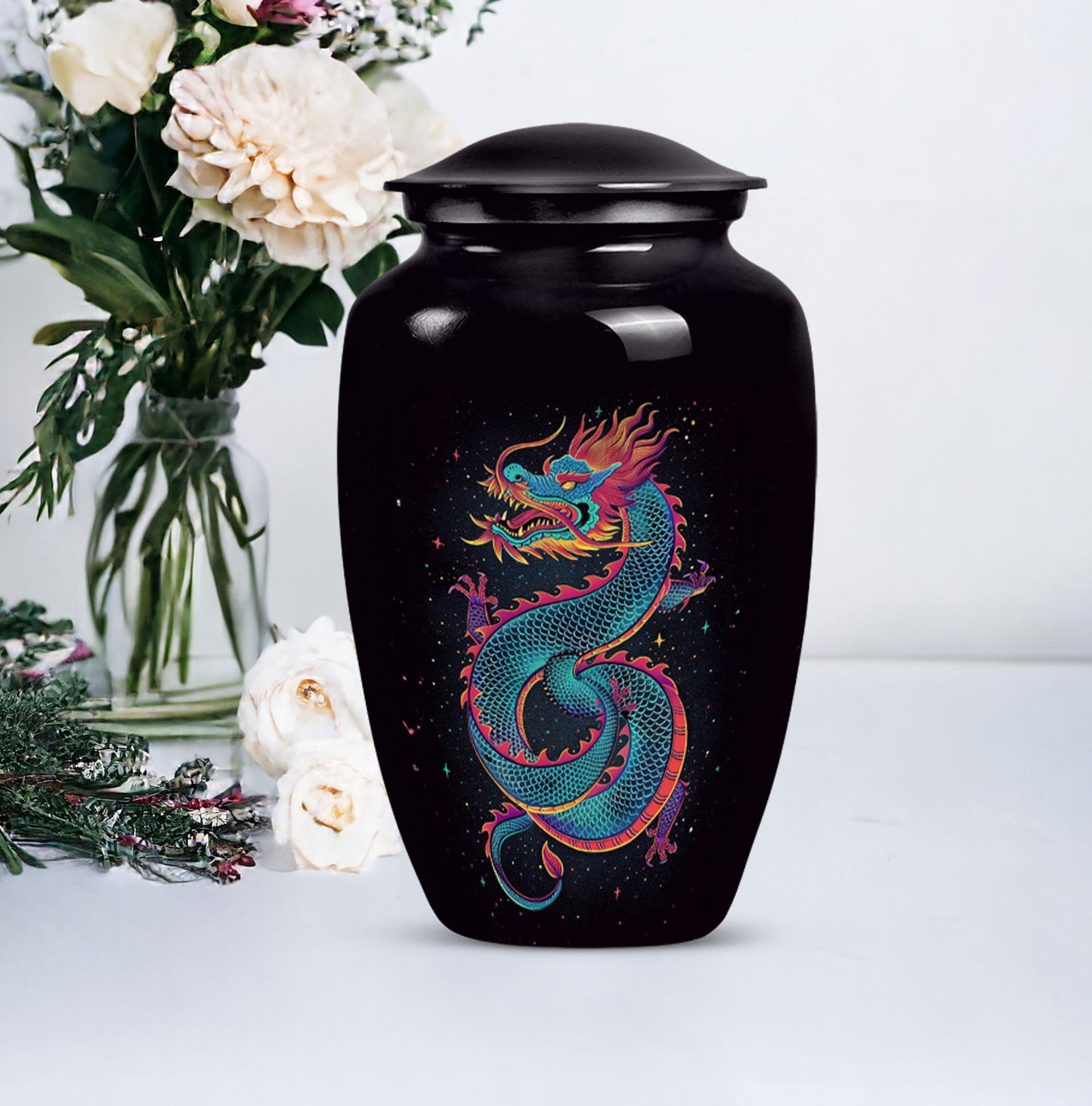 Dragon urn, a classic, large aluminium funeral urn.