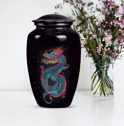 Dragon urn, a classic, large aluminium funeral urn.