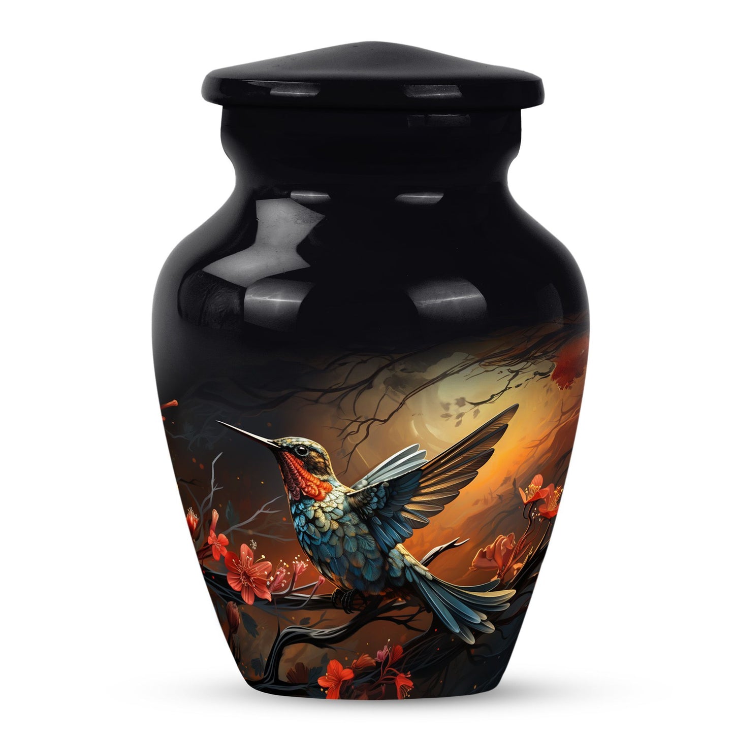 10-inch humming bird urn, abstract design, customizable 